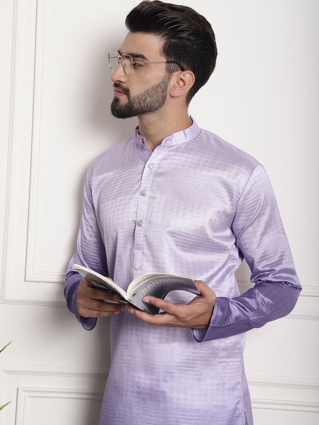 SOJANYA Lelaki Ungu Benang Kerja Jacquard Kurta