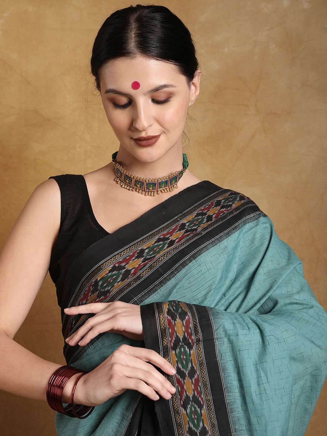 Exotic India Cotton Sambalpuri Coastal Shade Saree with Ikat Woven Border