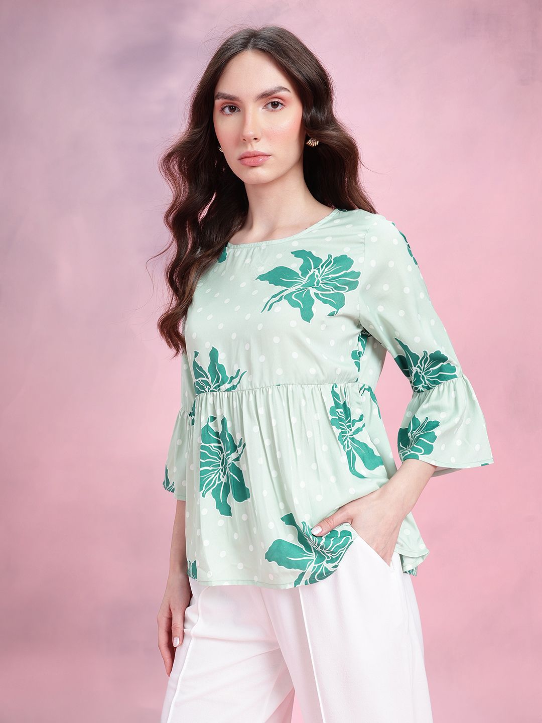 DressBerry Floral Print Gathered Detail Bell Sleeves Peplum Top