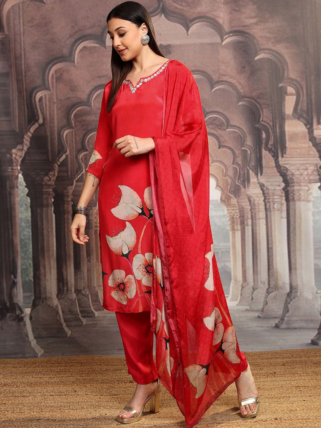 Vishudh Women Floral Printed Regular Pure Cotton Kurta with Trousers & Dupatta