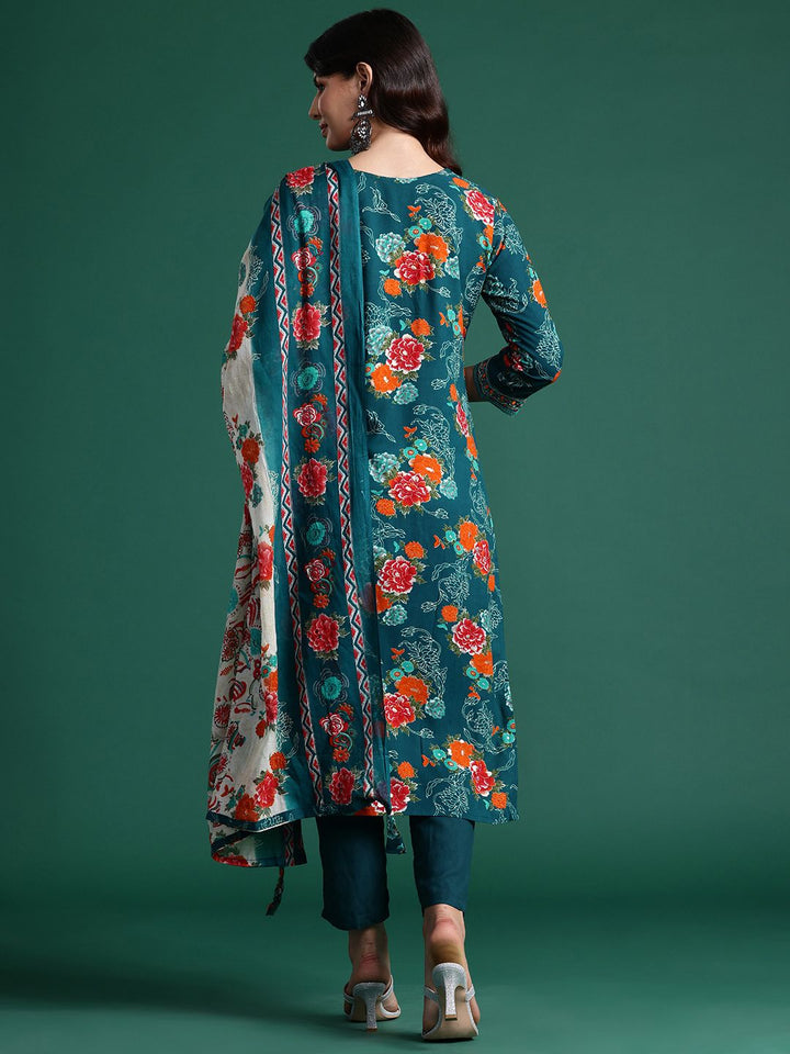 Indo Era Floral Printed Mirror Work Kurta with Trousers & With Dupatta