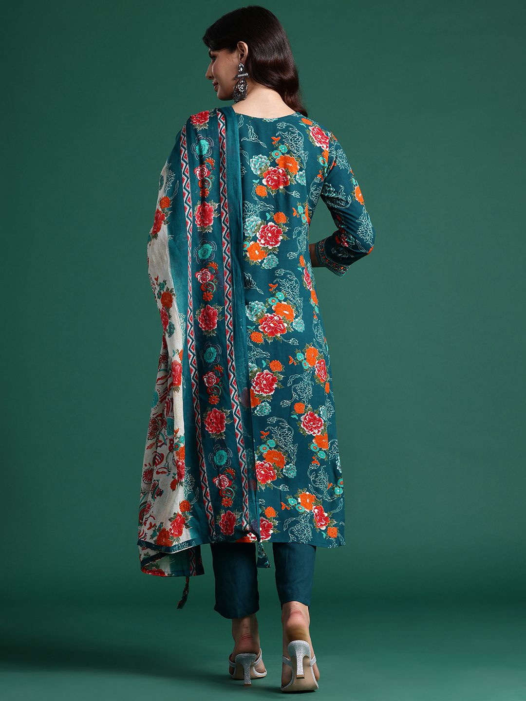 Indo Era Floral Printed Mirror Work Kurta with Trousers & With Dupatta