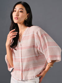 AND Verical Striped V-Neck Drop-Shoulder Sleeves Shirt Style Top