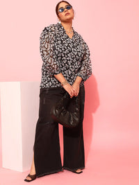 CURVY STREET Black Floral Printed Puff Sleeves Shirt Style Top