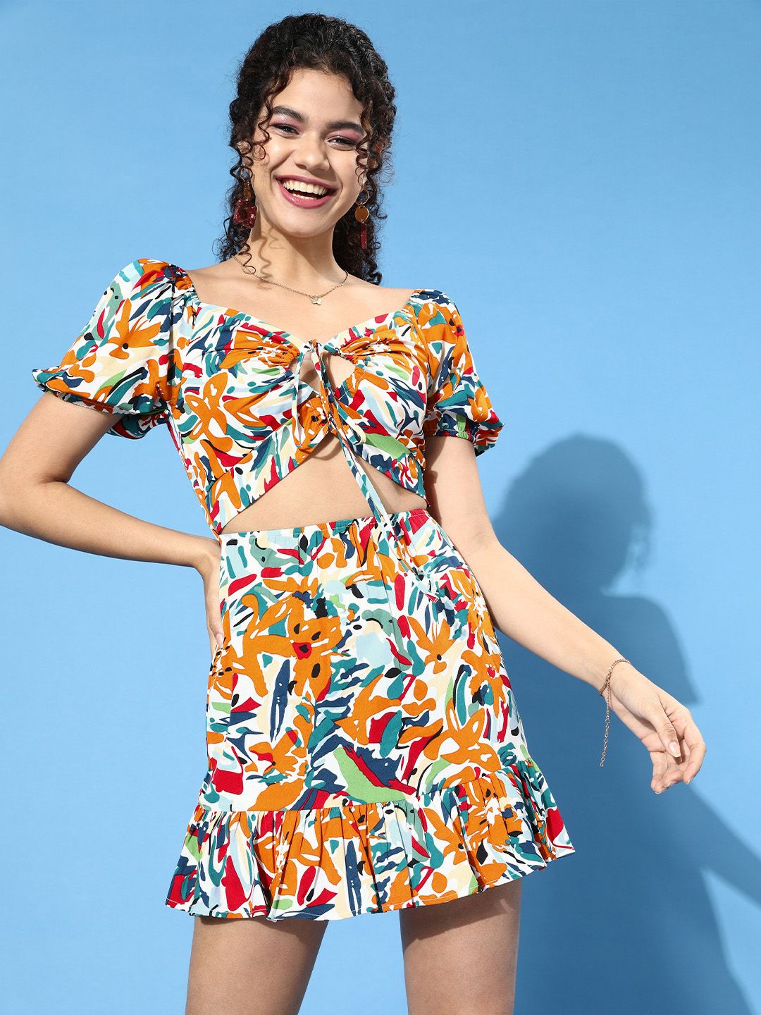 Berrylush White Brushstroke Print Tie Front Peekaboo Ruffle Hem Mini Dress
