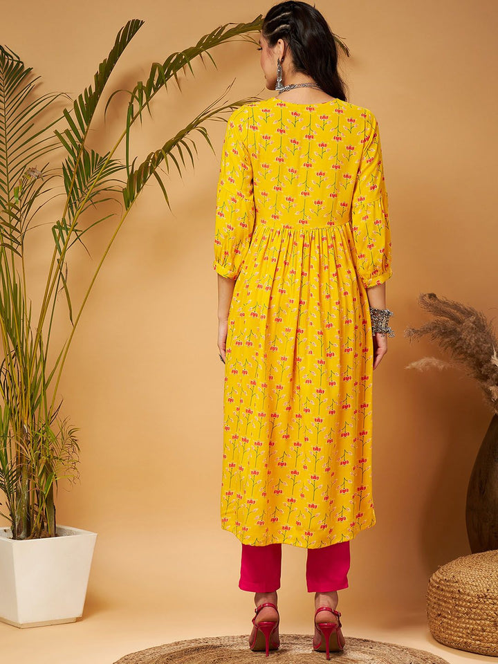 Shae by SASSAFRAS Yellow Ethnic Motifs Printed Tie-Up Neck A-Line Kurta