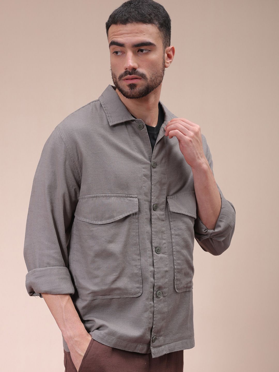 The Indian Garage Co Men Regular Fit Solid Double Flap Pocket Resortwear Overshirt