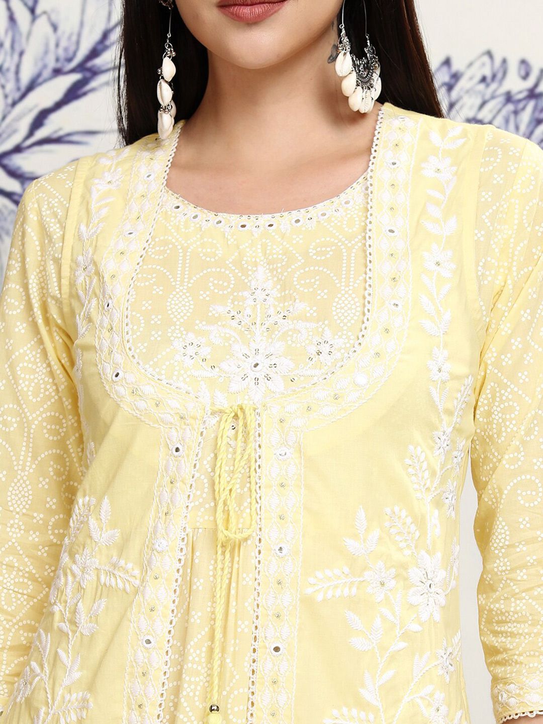 Vishudh Yellow Floral Embroidered Tiered Cotton Midi Fit & Flare Dress With Shrug