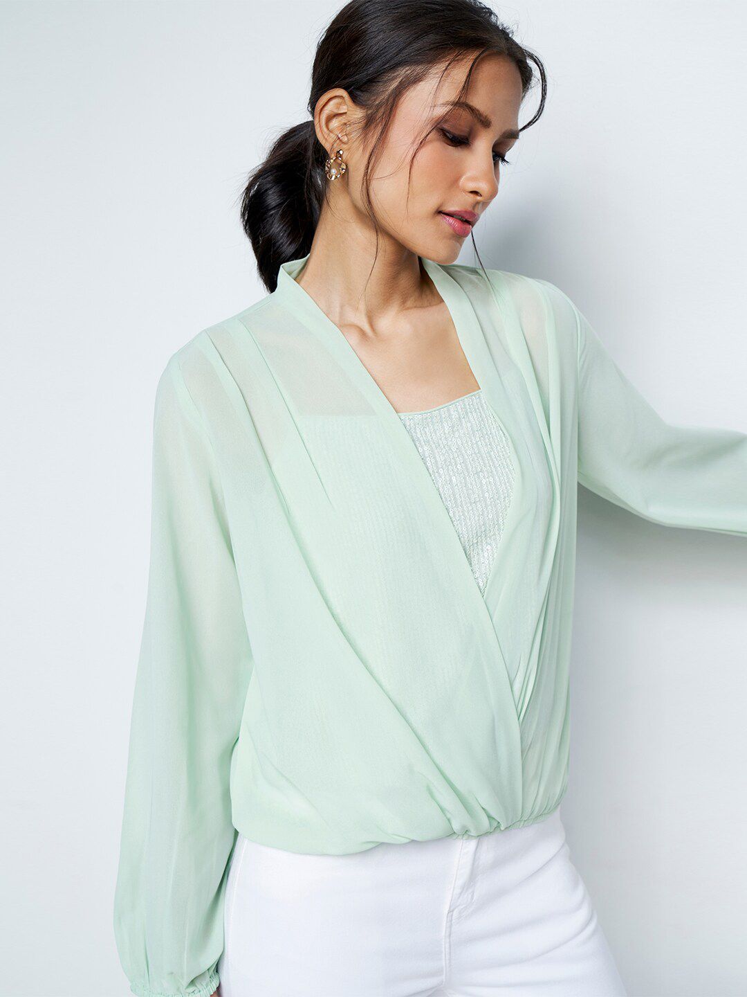 AND Embellished Puff Sleeves Gathered Detailed Wrap Top