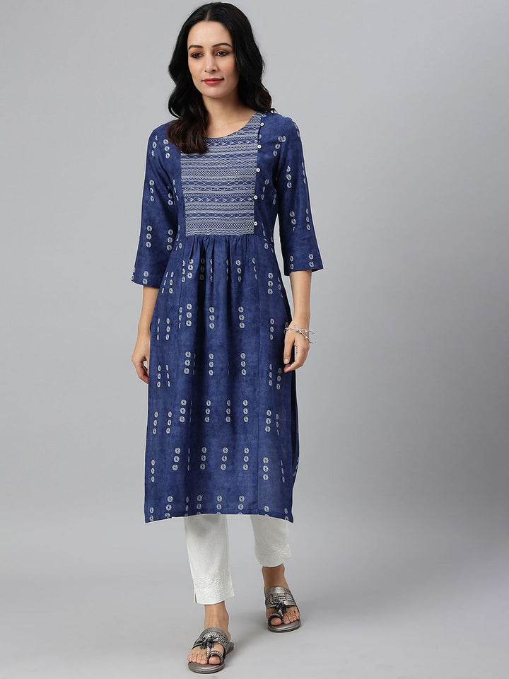 W Women Blue Ethnic Motifs Printed Flared Sleeves Handloom Kurta