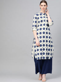 W Women Off-White & Navy Blue Printed Straight Kurta