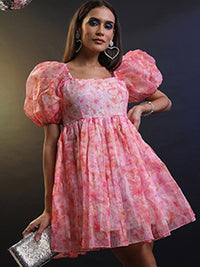 Tokyo Talkies Floral Printed Puff Sleeves Gathered Detail Fit & Flare Dress