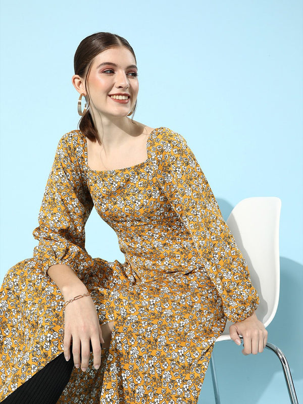 Berrylush Women Stylish Mustard Floral Puff Sleeves Dress