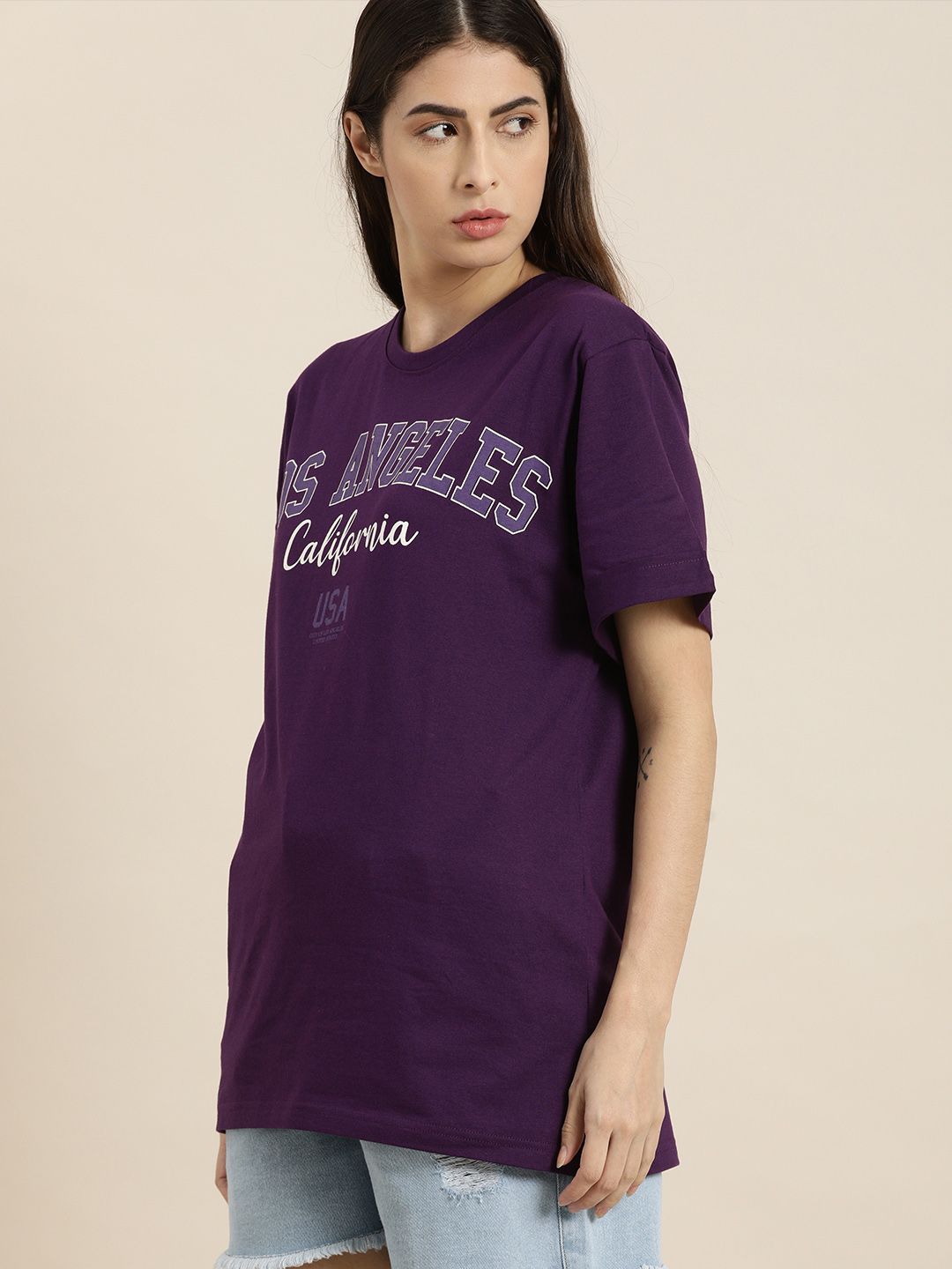DILLINGER Women Purple Typography Printed Drop-Shoulder Sleeves Oversized Pure Cotton T-shirt