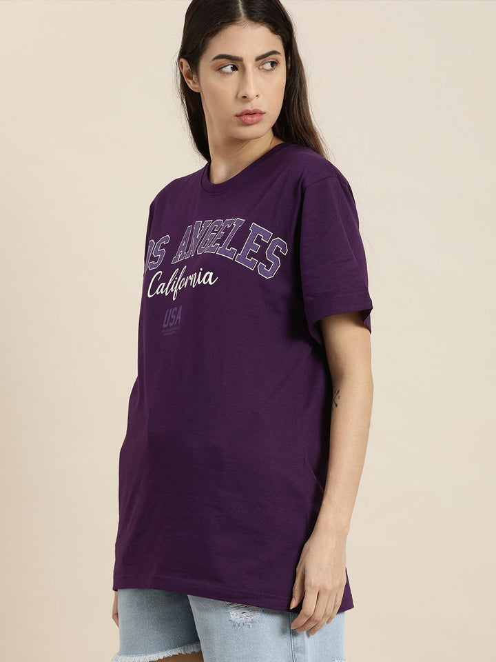 DILLINGER Women Purple Typography Printed Drop-Shoulder Sleeves Oversized Pure Cotton T-shirt