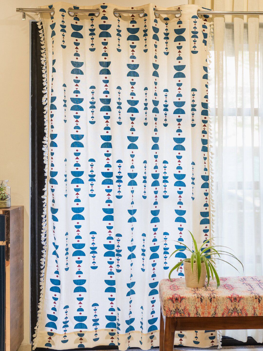 URBAN SPACE White & Blue Geometric Cotton Long Door Curtain