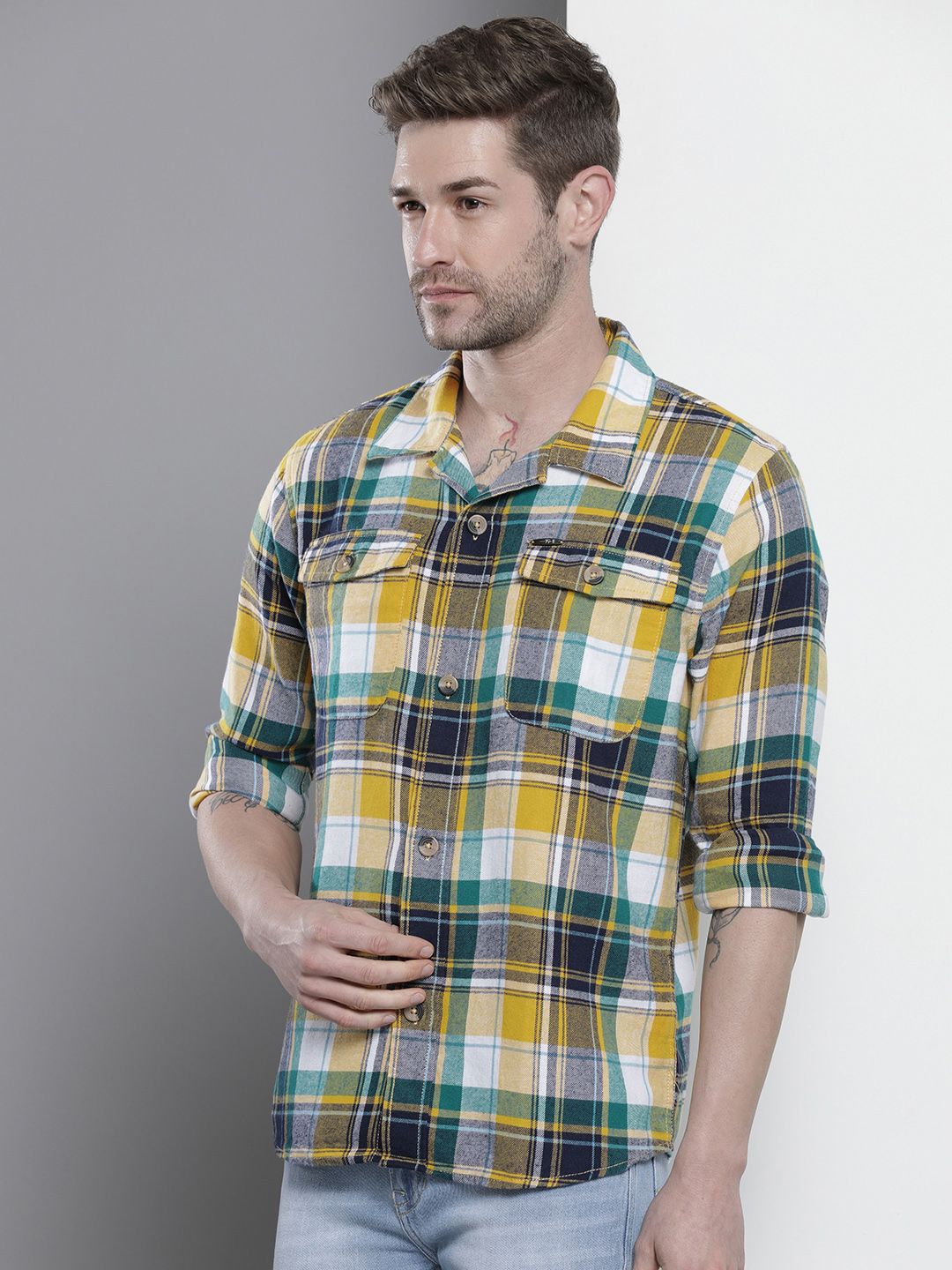The Indian Garage Co Men Regular Fit Checked Double Flap Pocket Flannel Shirt