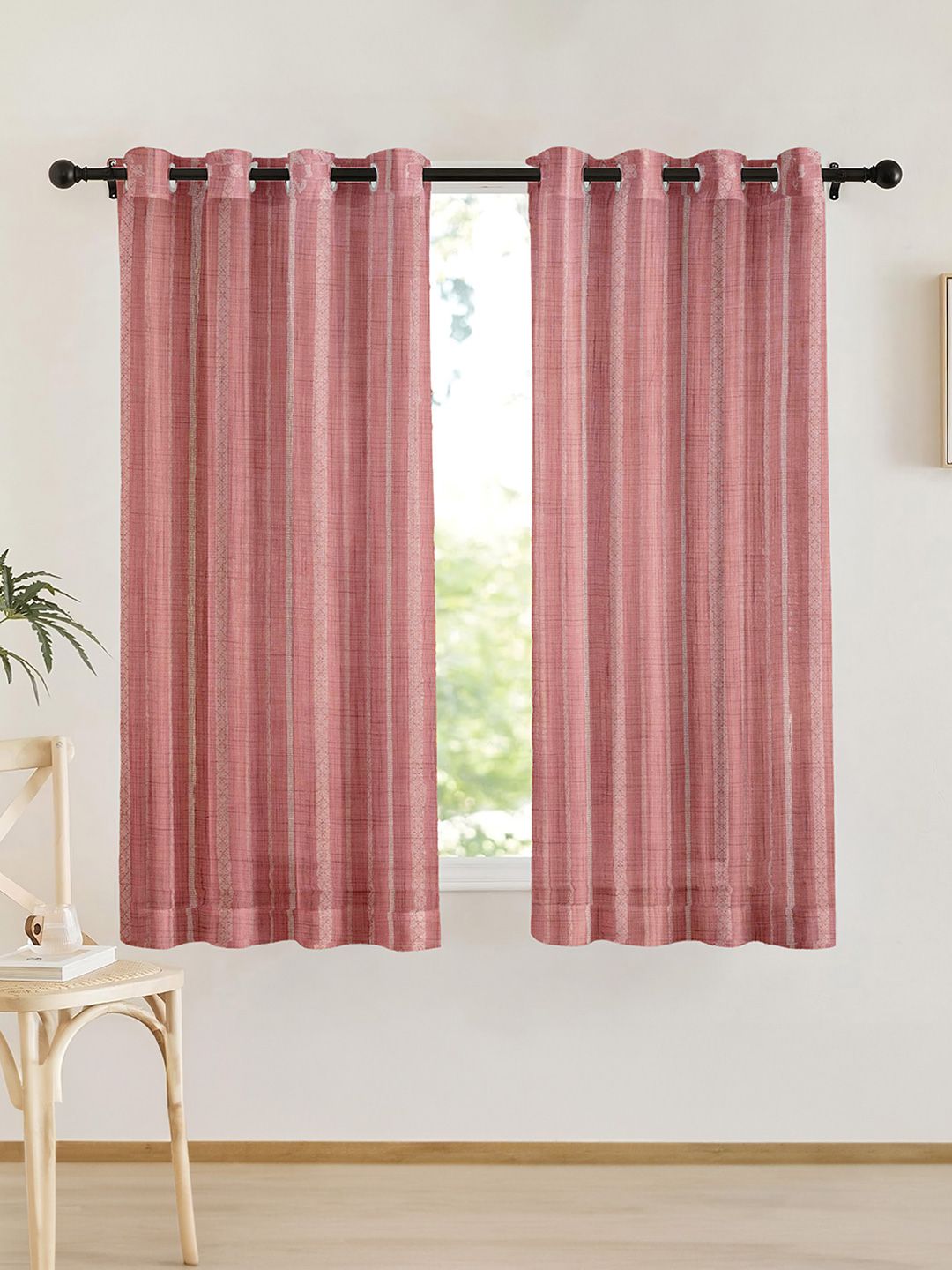 URBAN SPACE Pink & White 2 Pieces Embroidered Sheer Window Curtain