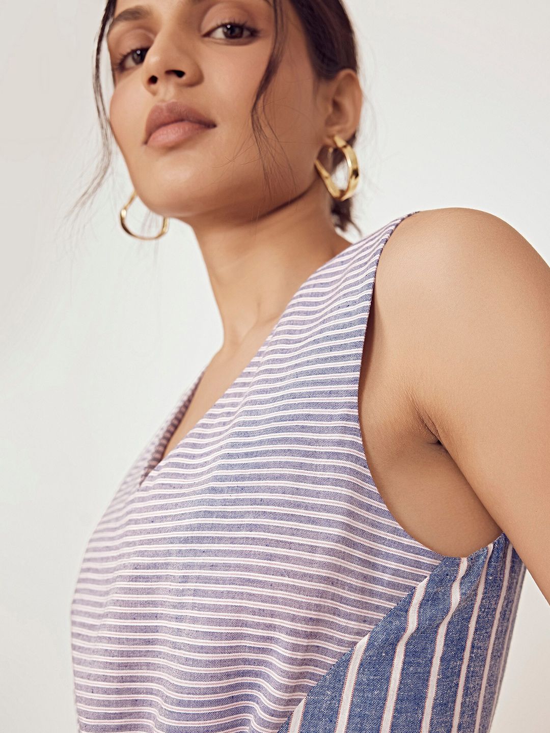 The Label Life Horizontal Striped V-Neck Sleeveless Tie-Ups Detail Cotton A-Line Top