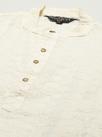 SOJANYA Men Cream-Coloured Chikankari Pure Cotton Kurta with Churidar & Nehru Jacket