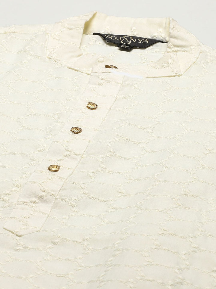 SOJANYA Men Cream-Coloured Chikankari Pure Cotton Kurta with Churidar & Nehru Jacket