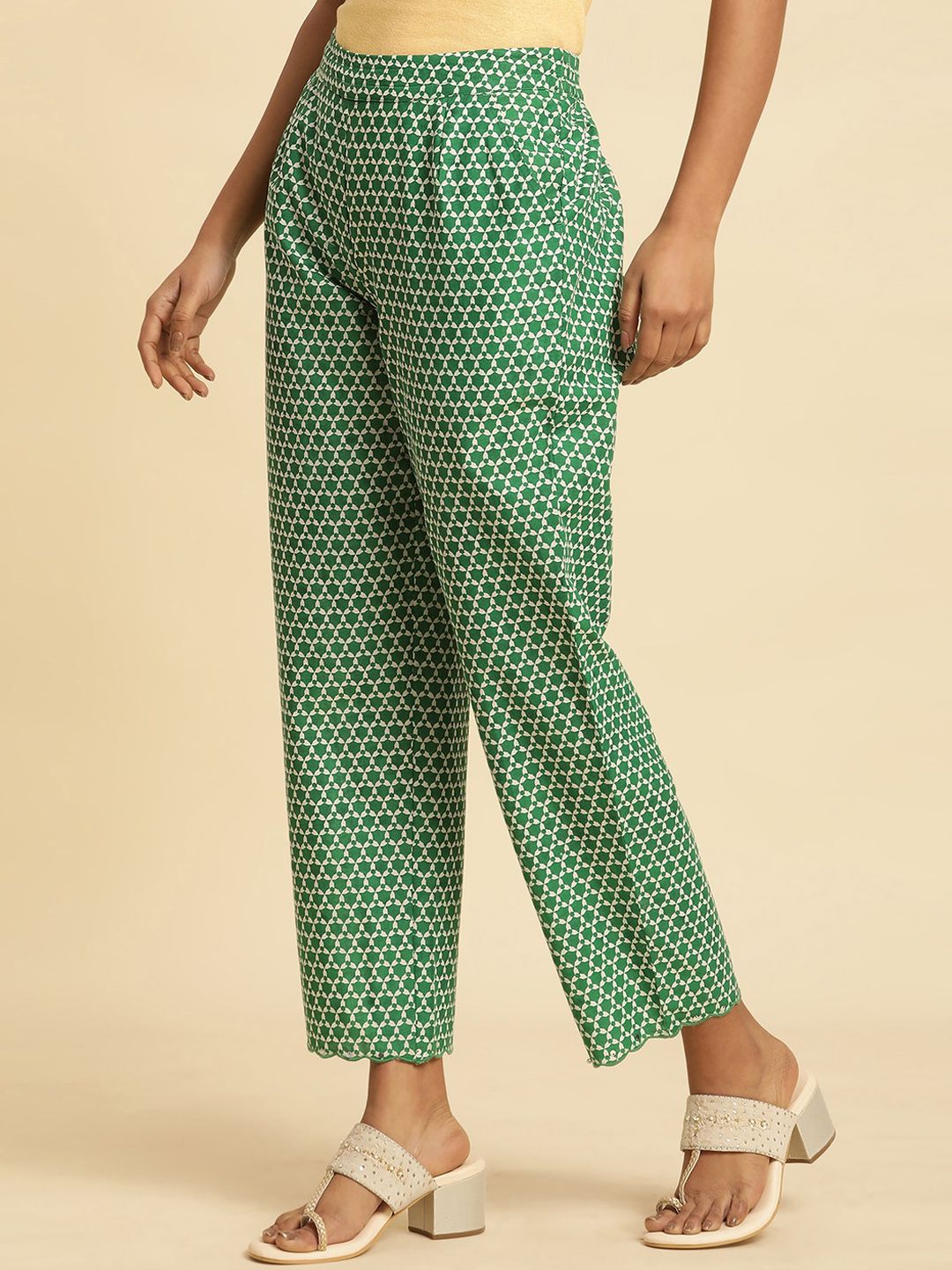 W Women Green Geometric Printed Pure Cotton Trouser