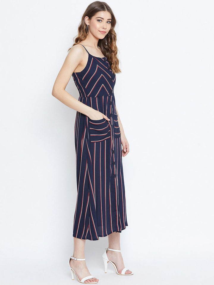 Berrylush Women Navy Blue & Red Striped A-Line Dress