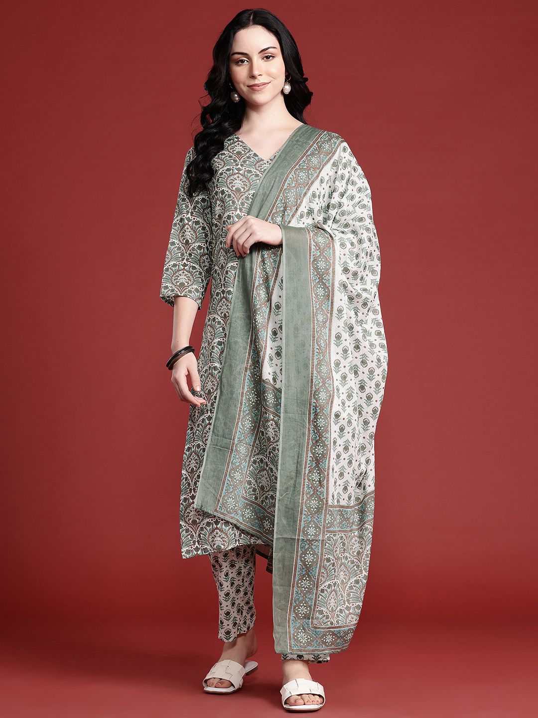 Anouk Ethnic Motifs Printed Kurta with Trousers & With Dupatta