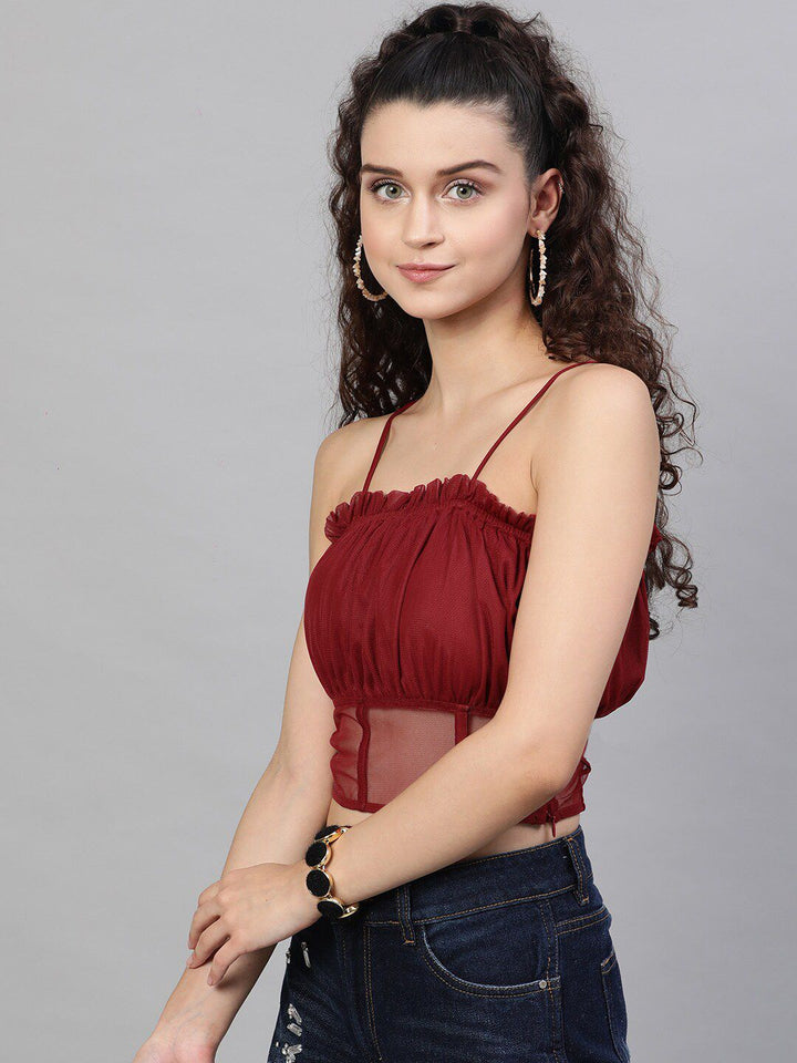 STREET 9 Maroon Solid Smocked Bralette Crop Top