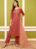 Vishudh Coral Round Neck Embroidery Straight Kurta & Palazzos With Dupatta