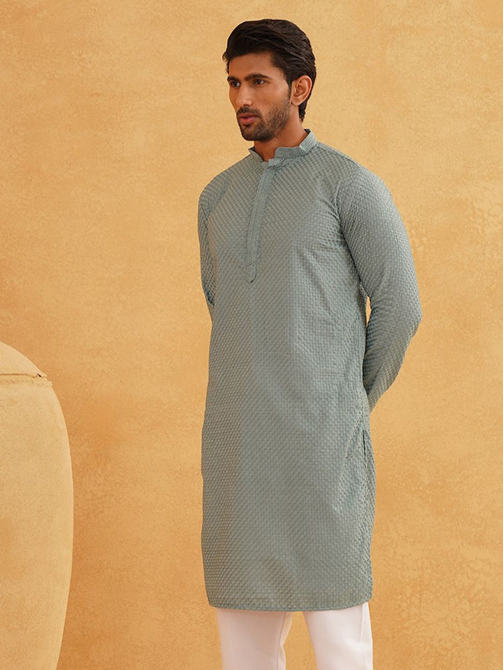 SOJANYA Kurta Kapas Tulen Sulam Geometrik Kolar Mandarin