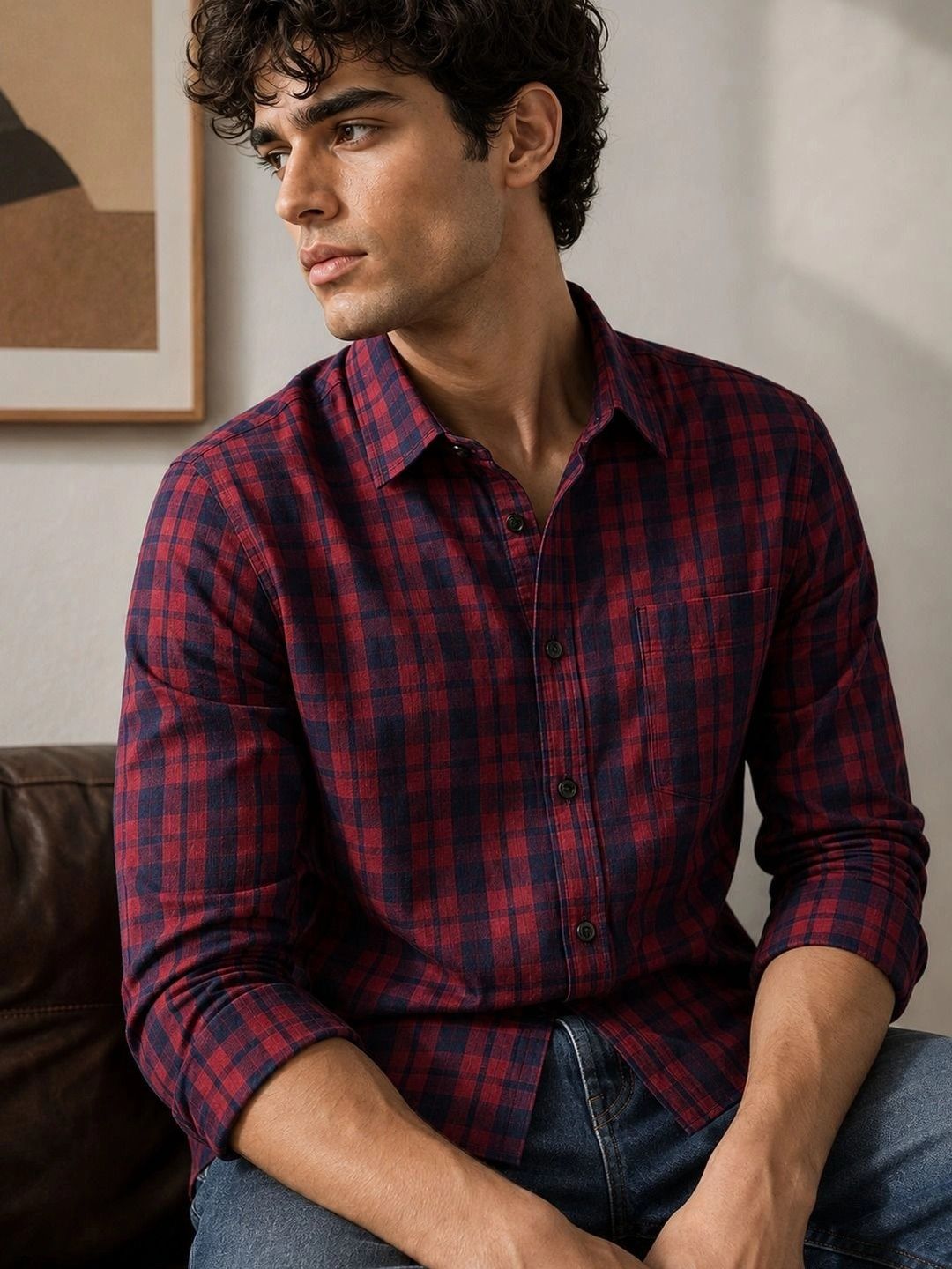 Eszett Checked Spread Collar Pure Cotton Casual Shirt