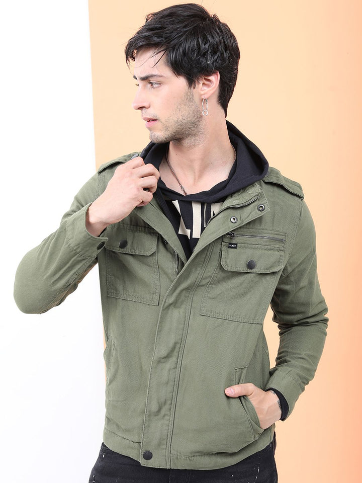 HIGHLANDER Men Olive Green Capulet Denim Jacket