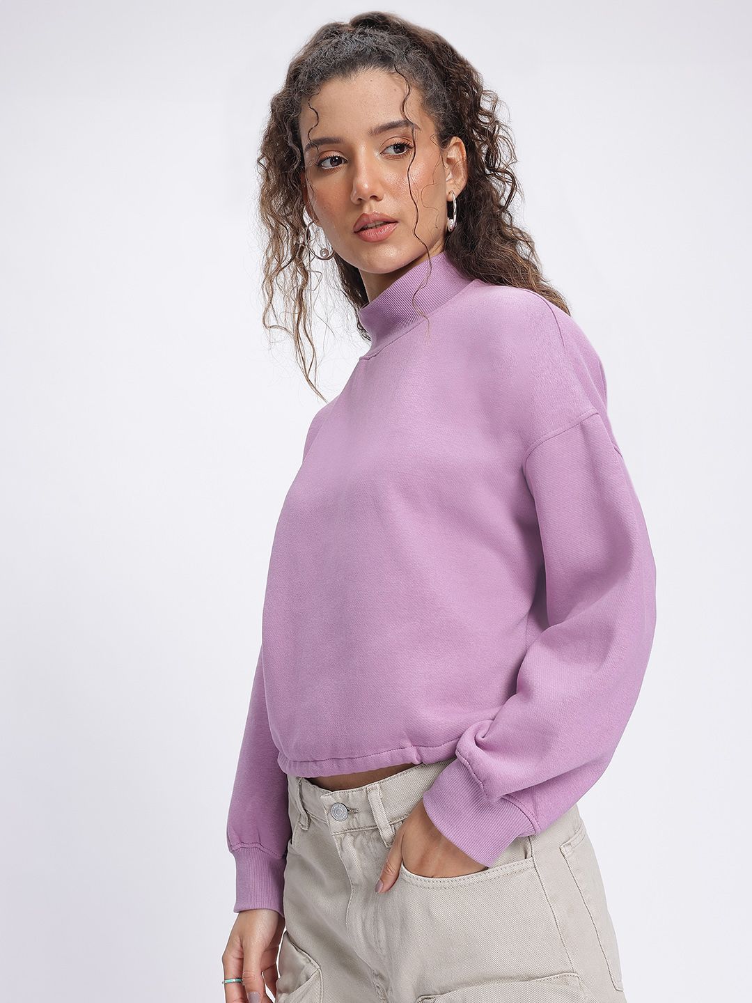 DressBerry High Neck Drop-Shoulder Crop Sweatshirt
