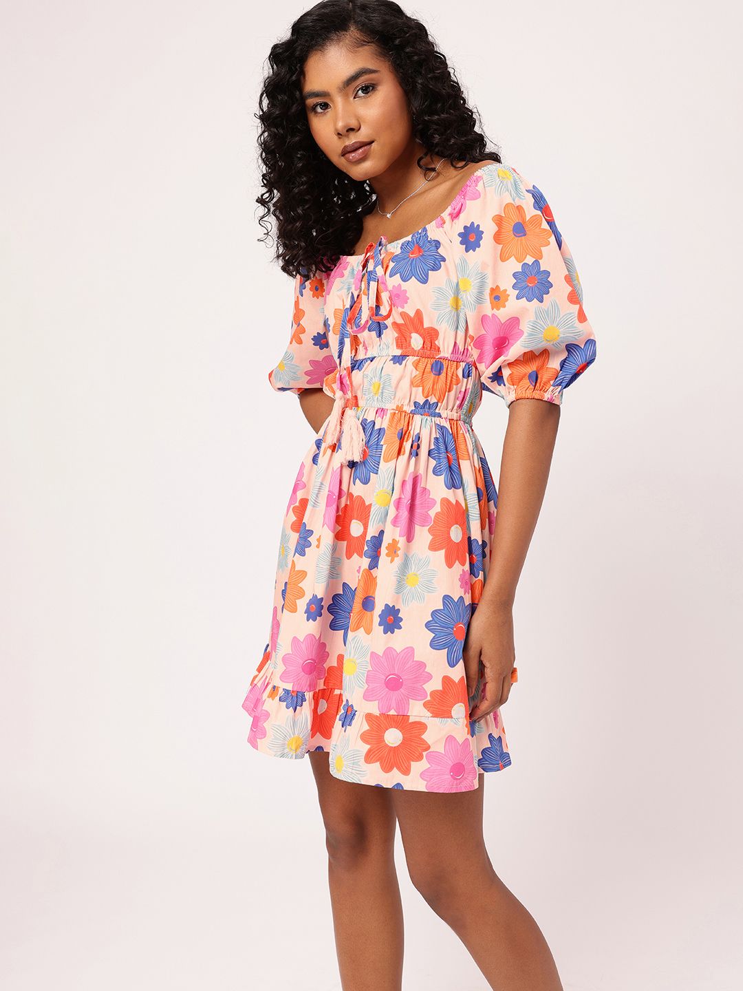 DressBerry Vibrant Play Floral Printed Cinched Waist A-line Mini Dress