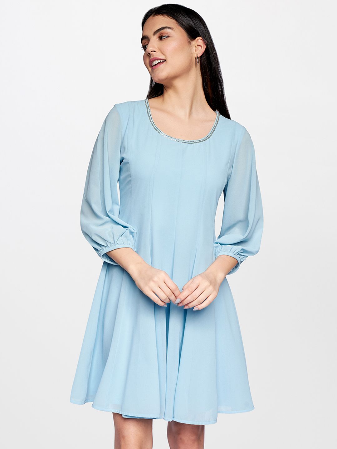 AND Blue Solid Gathered A-Line Dress