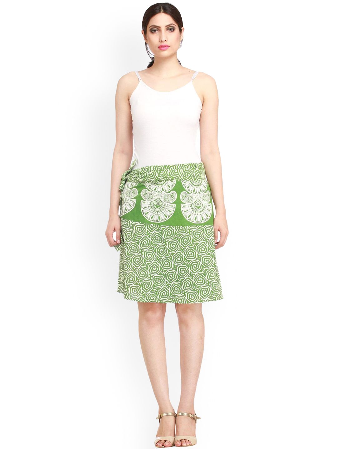 Exotic India Pure Cotton Block Printed Stone Green Wrap-Around Mini-Skirt