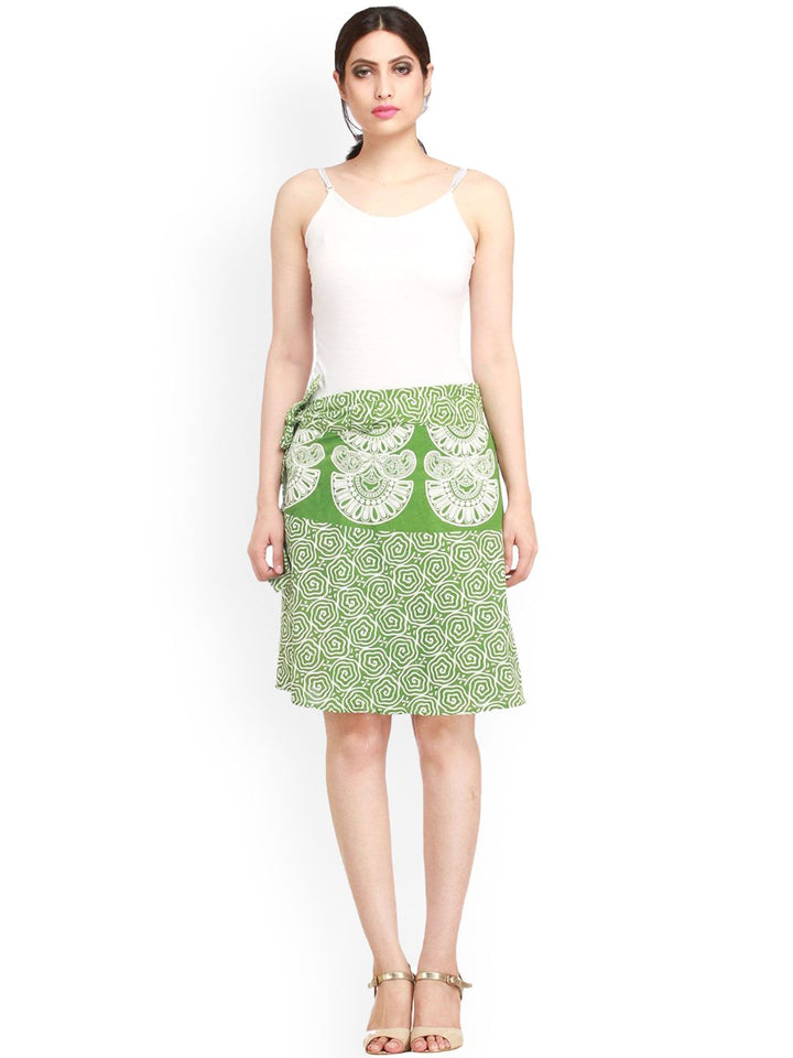 Exotic India Pure Cotton Block Printed Stone Green Wrap-Around Mini-Skirt