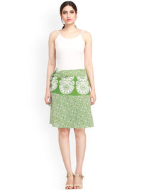 Exotic India Pure Cotton Block Printed Stone Green Wrap-Around Mini-Skirt