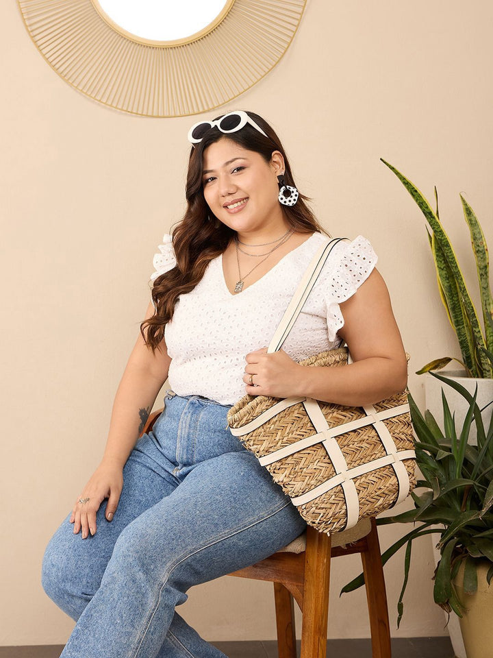 Berrylush Curve Flutter Sleeve Cotton Schiffli Plus Size Top