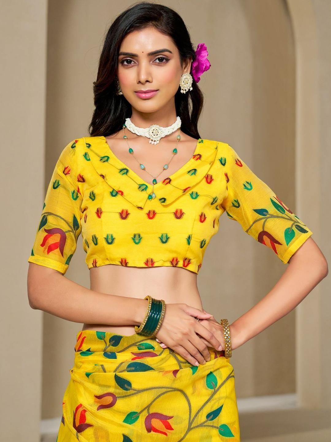 KALINI Yellow Pure Cotton Woven Design Sarees