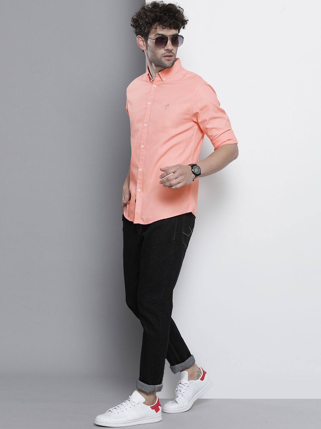 The Indian Garage Co Men Peach-Coloured Slim Fit Opaque Cotton Casual Shirt