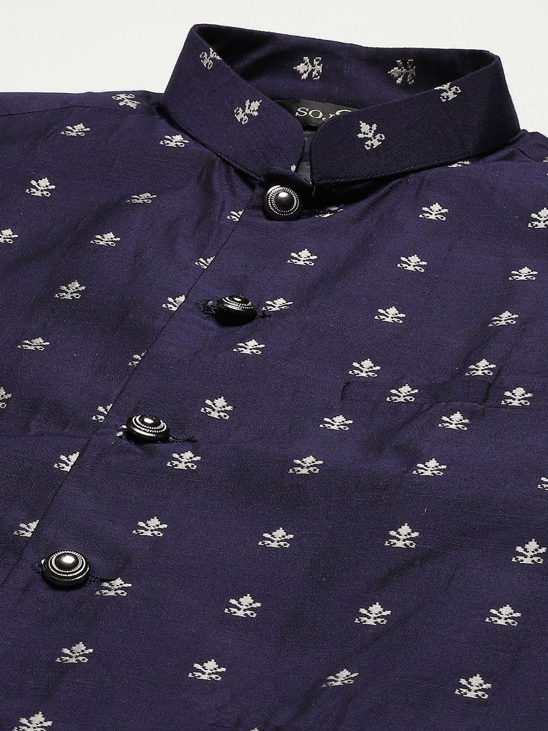 SOJANYA Lelaki Motif Etnik Hitam Chikankari Kurta Kapas Tulen dengan Jaket Churidar & Nehru
