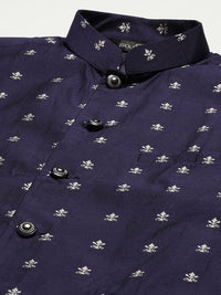SOJANYA Lelaki Motif Etnik Hitam Chikankari Kurta Kapas Tulen dengan Jaket Churidar & Nehru