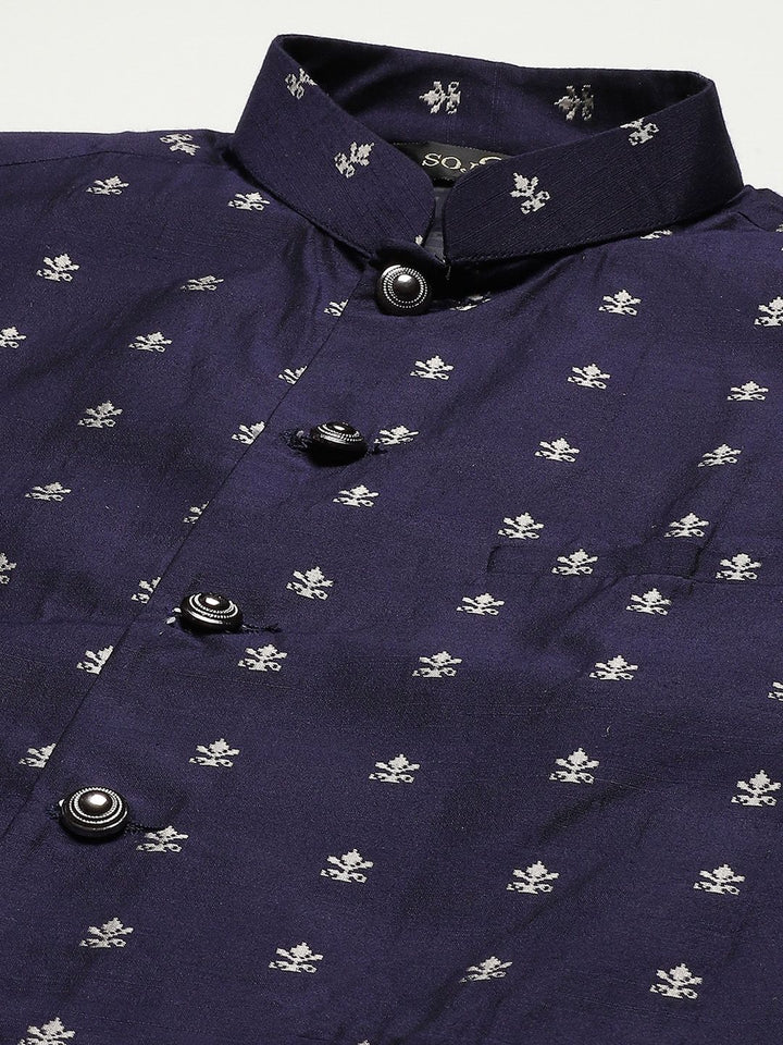 SOJANYA Men Black Ethnic Motifs Chikankari Pure Cotton Kurta with Churidar & Nehru Jacket