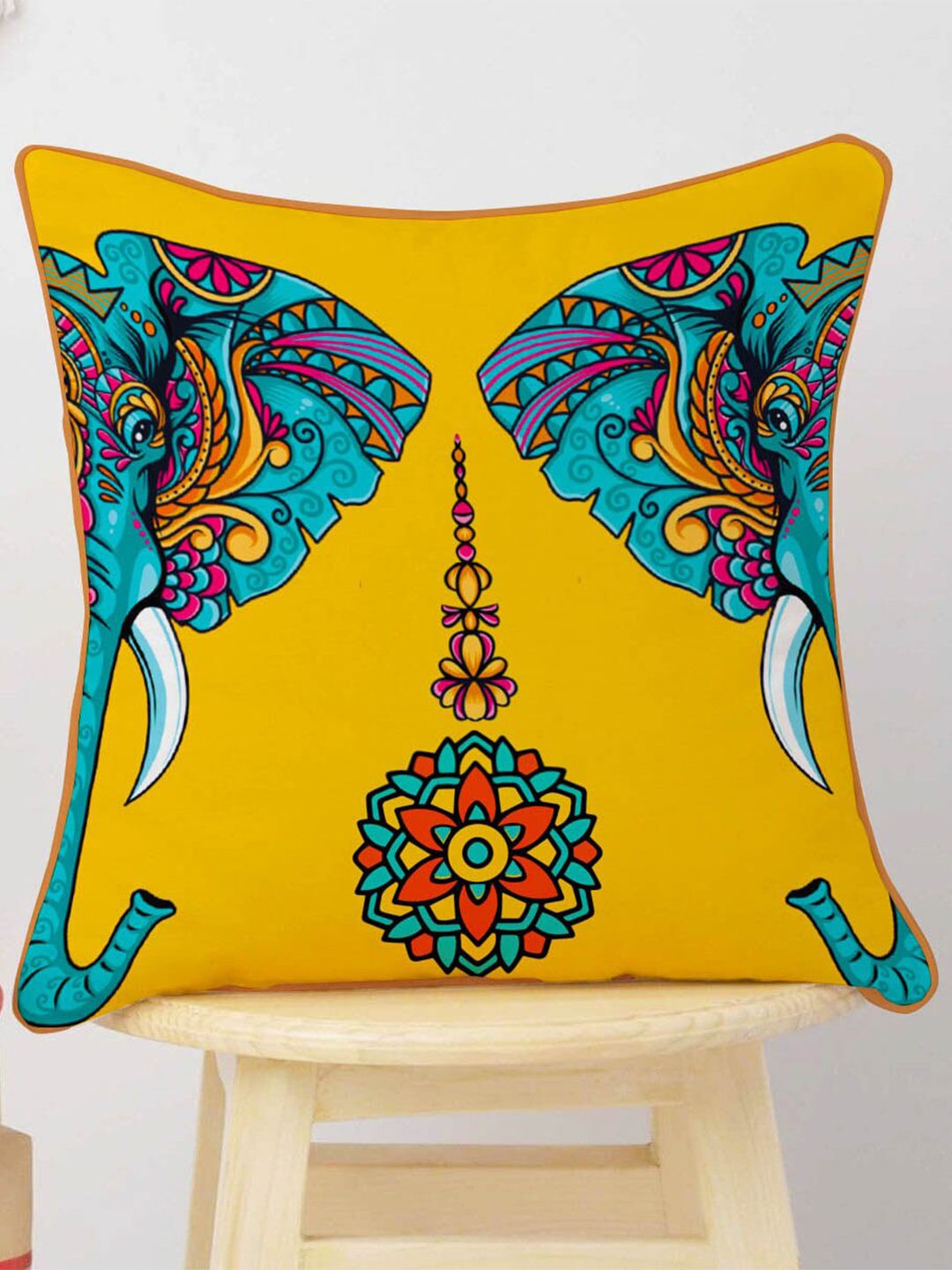 STITCHNEST Yellow & Blue Set of 2 Ethnic Motifs Velvet Square Cushion Covers