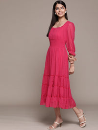 Antheaa Fuchsia Solid Chiffon Smocked Tiered Midi Dress