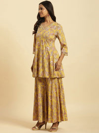 W Floral Printed V-Neck Panelled Gotta Patti A-Line Kurta With Sharara & Dupatta