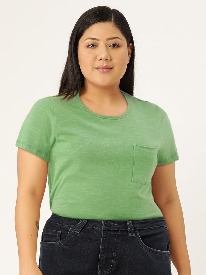 DressBerry Women Sea Green Solid Round Neck Pure Cotton T-shirt