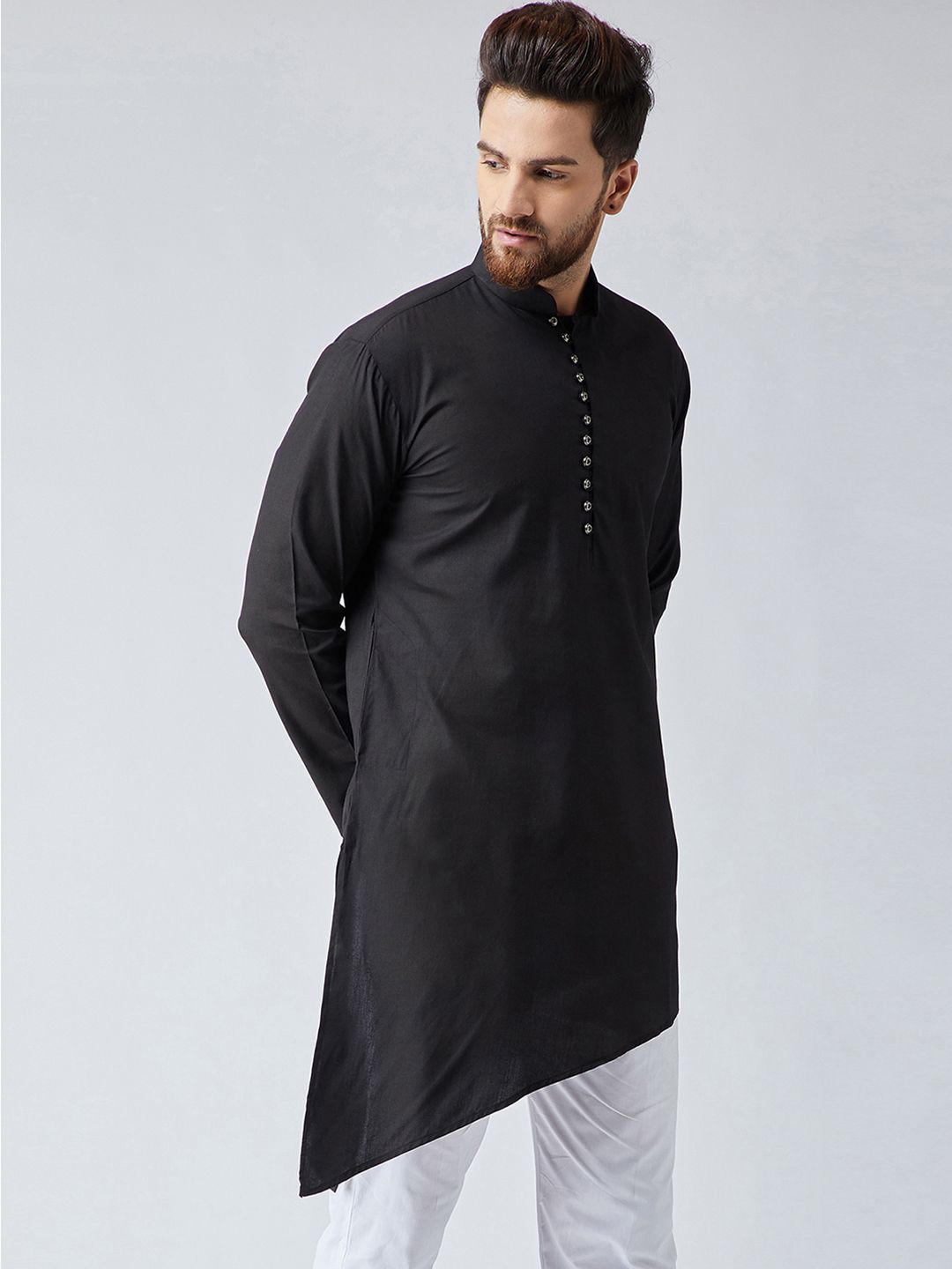 SOJANYA Men Black Solid Asymmetric Straight Kurta